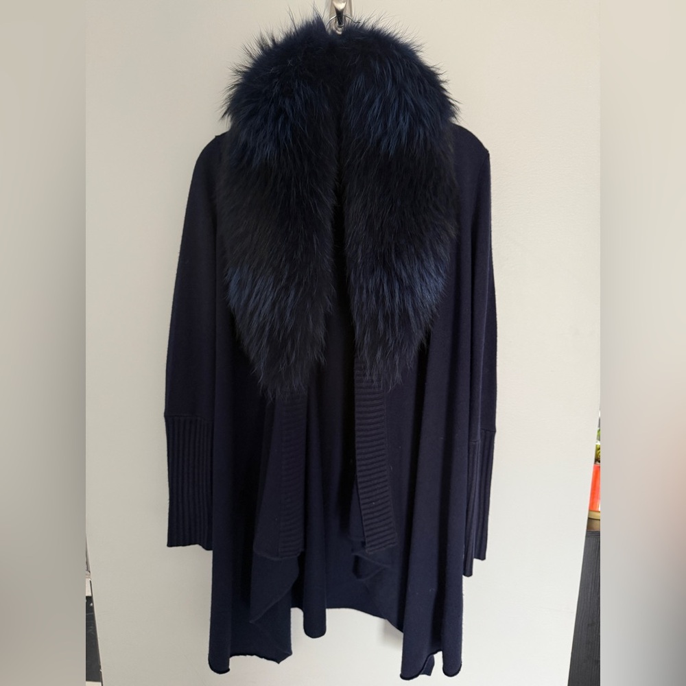 alice + olivia navy blue real fur trim cardigan XS